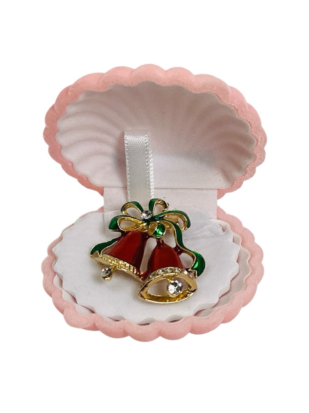 💚 Gold-Tone Red Bell Christmas Brooch with Green Bow